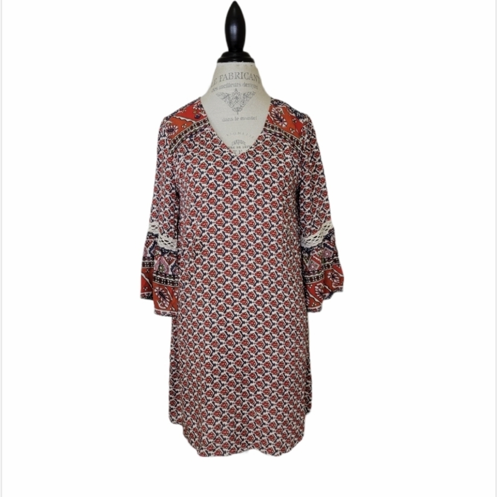Umgee Bell Sleeve V Neck Flowy Tunic Dress Size S